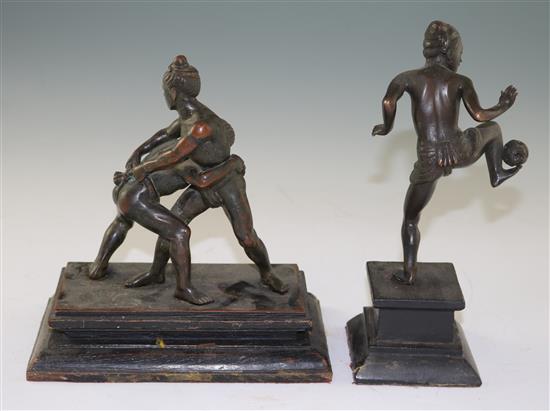 A Burmese bronze group of wrestlers and another of Chinlone player, early 20th century, 20cm & 21.5cm (7.9in. & 8.5in.)